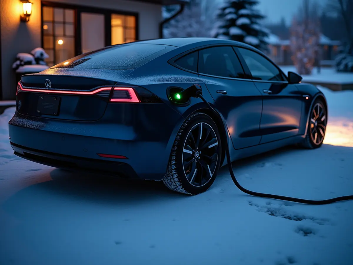 Voiture électrique en recharge dans une entrée enneigée à la tombée du jour