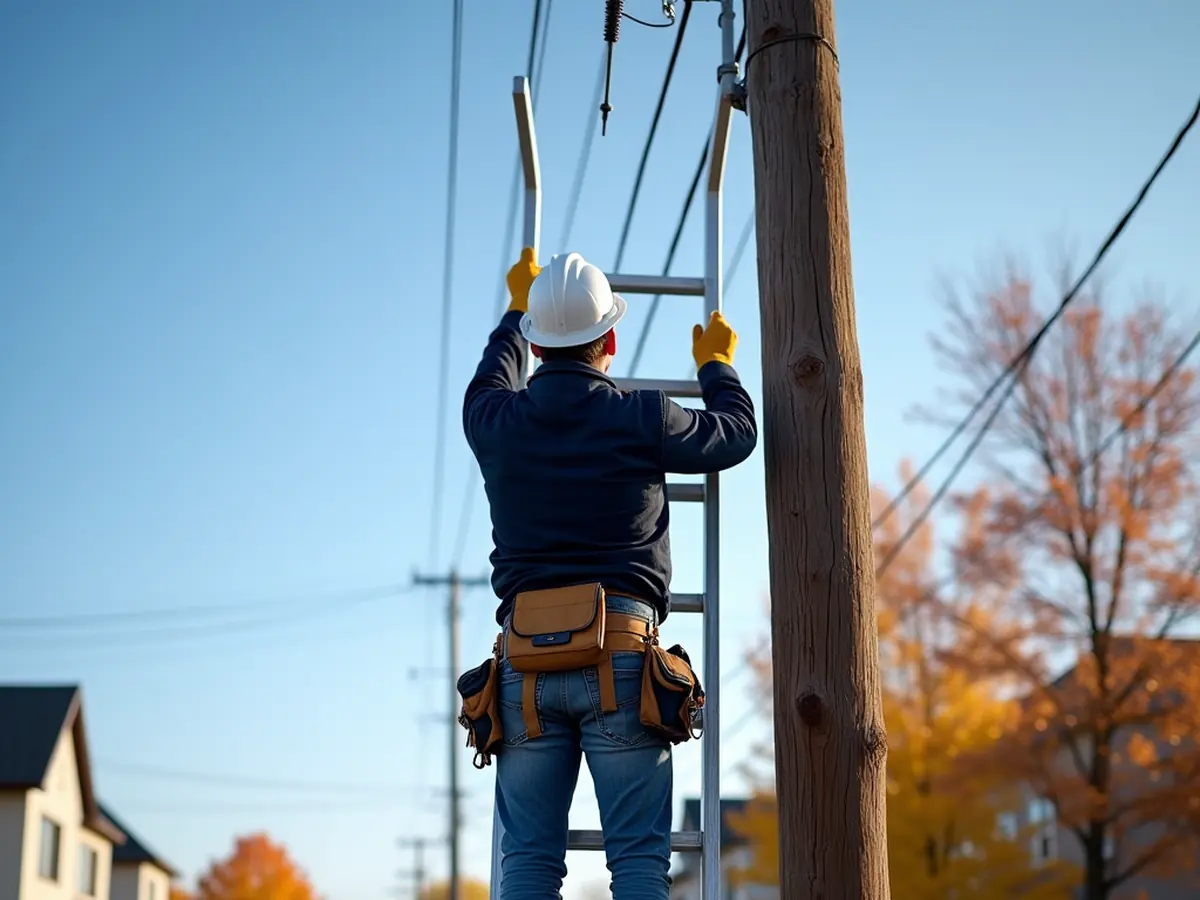 Électricien sur une échelle au poteau pour le raccordement d'une entrée électrique