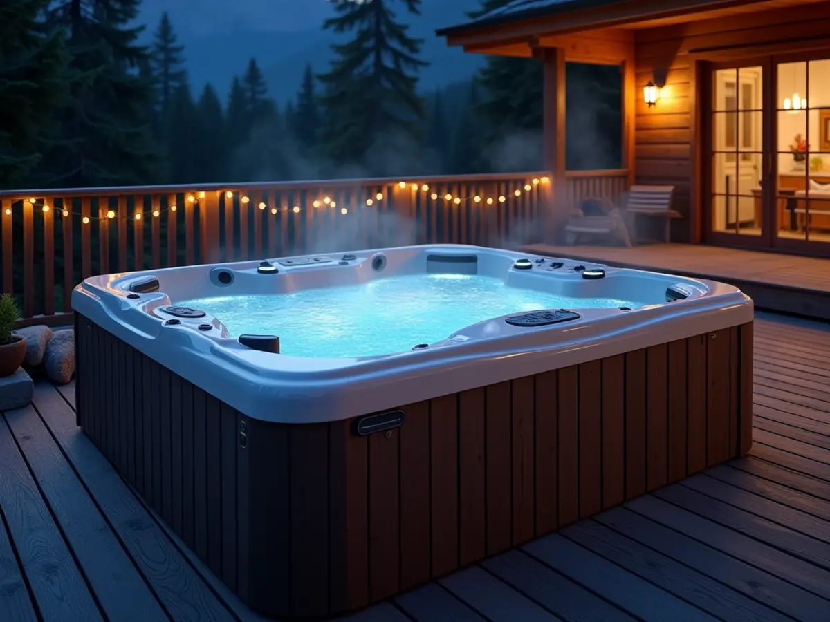 Spa extérieur éclairé sur une terrasse en bois à la tombée du jour